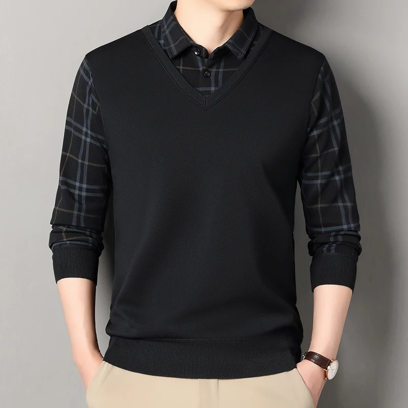 Autumn Winter Mens Fleece Pullover Men\'s Polo Collar Sweater Knitwear Classic Plaid Sweaters Thick Warm Khaki Korean Clothing