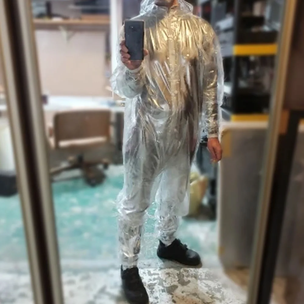 

Sexy Transparent Zipper Plastic Jumpsuit Hooded Long Sleeved Waterproof Soft Smooth ABDL Couple Adult Private Party Pants