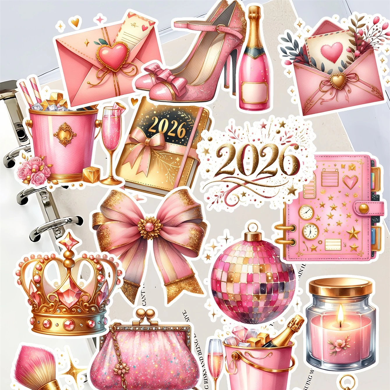 20pcs Cute 2026 New Year's Theme Champagne Crown Stickers for Stationery Decoration Girl, Journals and Notebooksks DIY