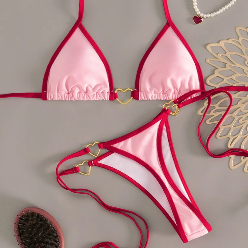 

2026New Style Pendant Thong Color-Block Tie Halter Triangle Bikini Swimsuit Set for Women