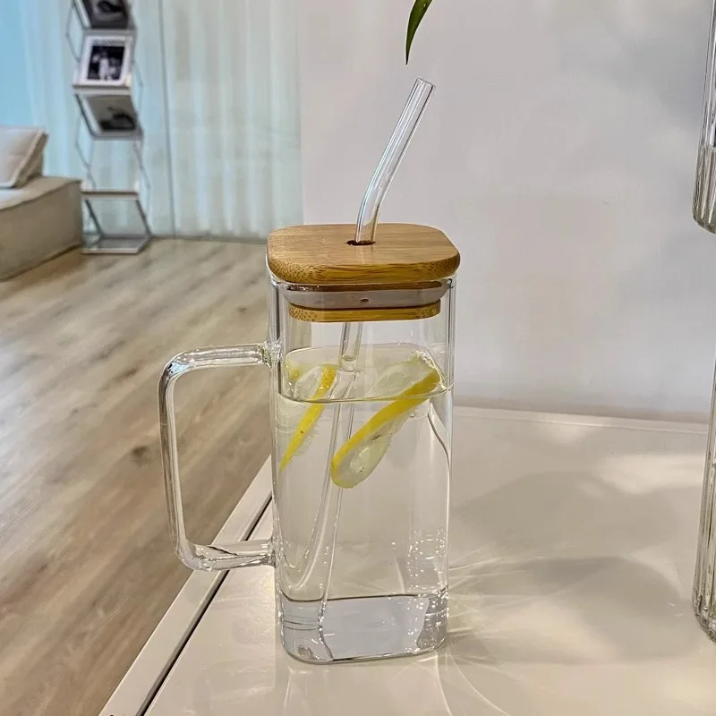 Square glass with handle home ins high appearance horizontal straw water cup Girls high temperature resistant flat clear cup