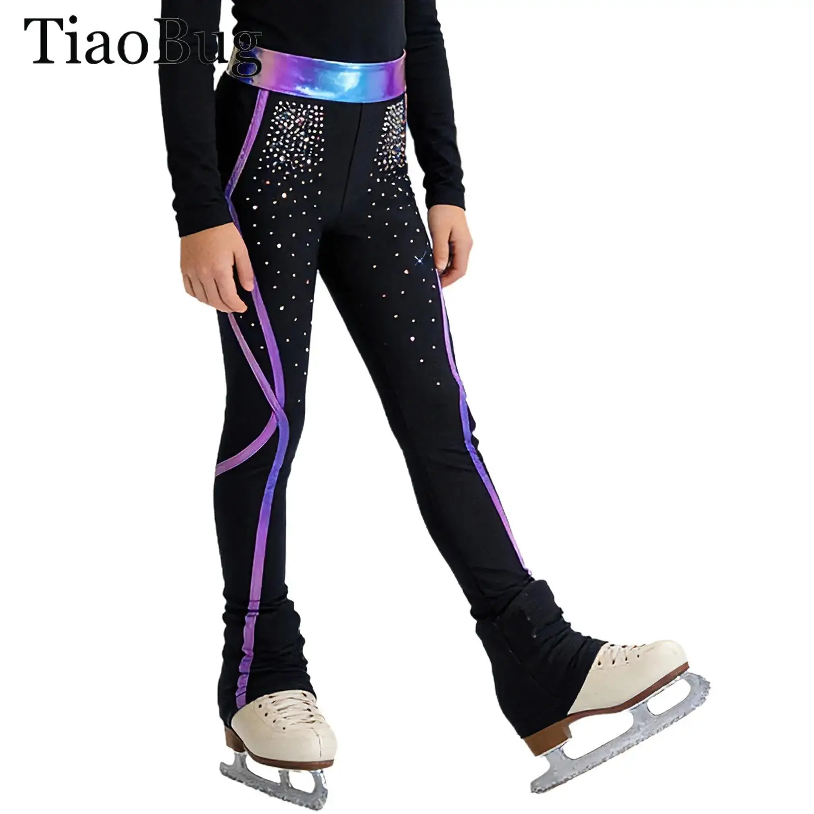 

Kids Girls Figure Skating Pants Elastic Waistband Rhinestones Metallic Lines Leggings Tights Ballet Gymnastics Training Trousers