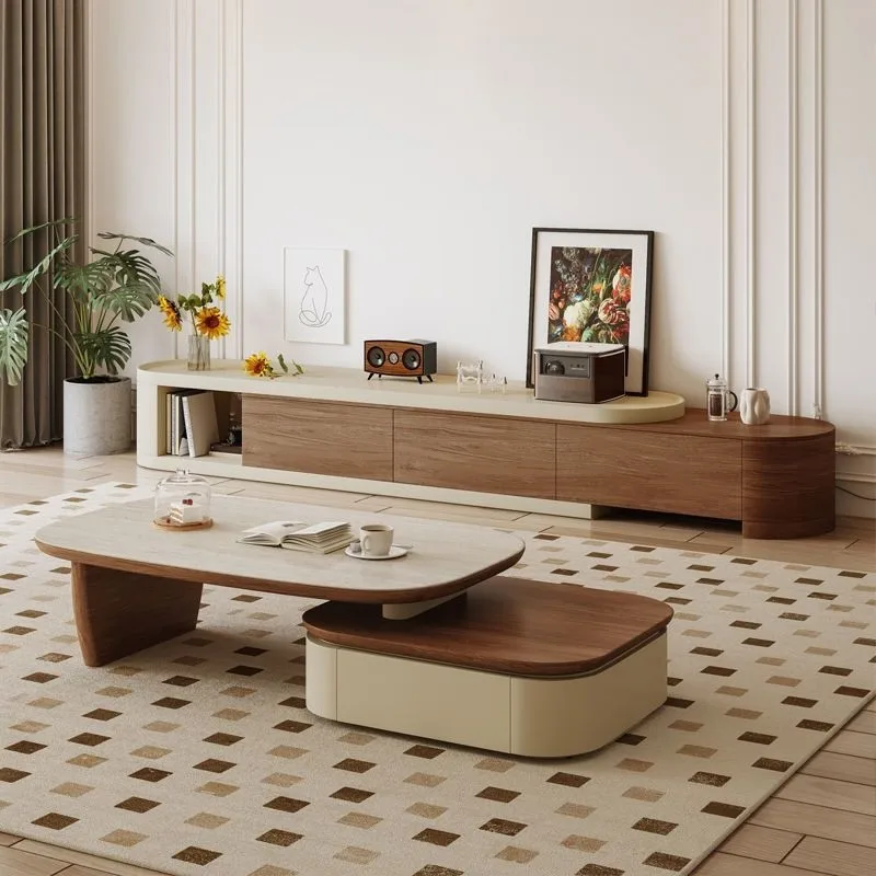 

Medieval walnut round coffee table small round TV cabinet combination coffee table household living room small apartment