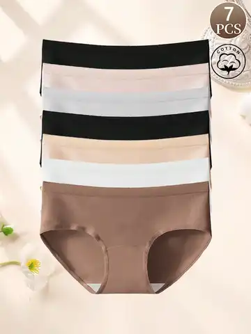 7Pcs New Women Cotton Briefs, Mid Low Rise Extra Long Crotch Underwear, Summer Thin Soft Ladies Triangle Panties, No Tight Leg O