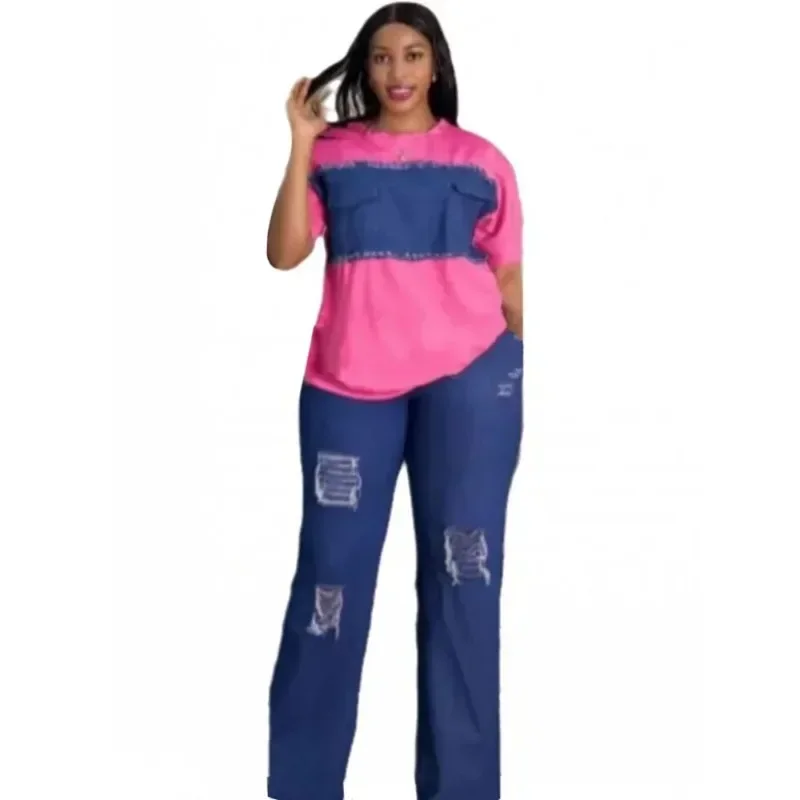 2 Piece Women Set Dashiki Denim African Clothes Summer New Fashion Short Sleeve Top And Jeans Suit Party Lady Matching Sets