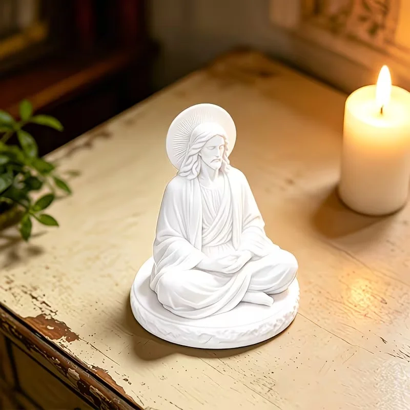 White Cross-legged Meditating Jesus Resin Sculpture Christian Religious Figurine Tabletop Decor Ornament For Prayer Room Church