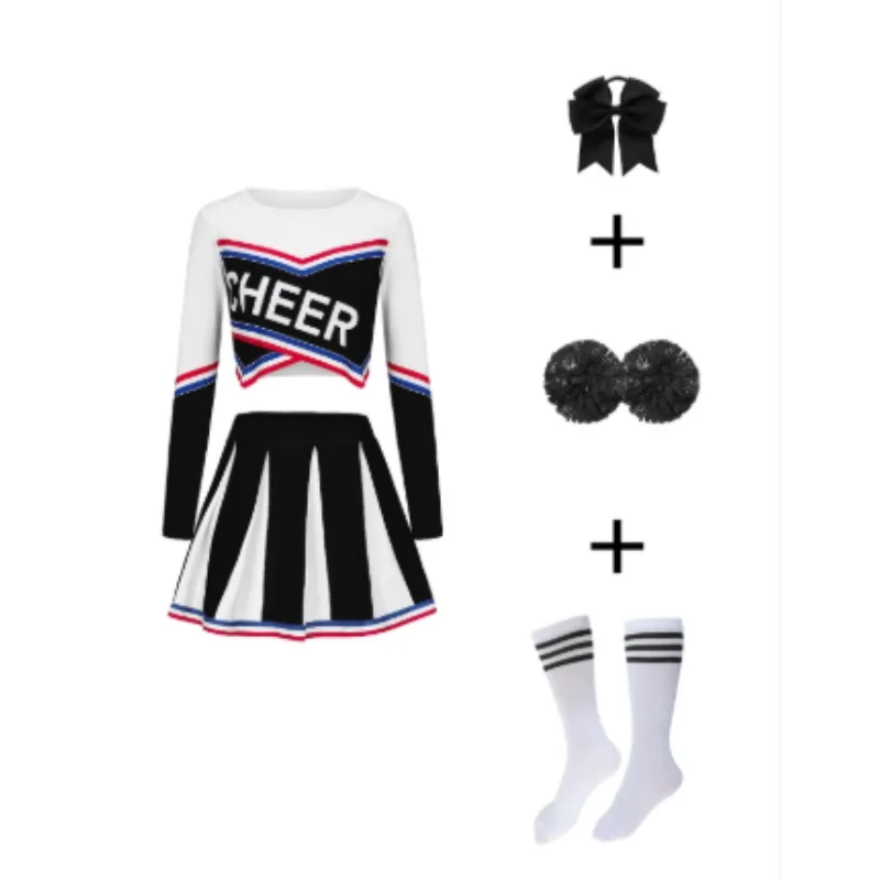 طقم تنورة بأكمام طويلة للفتيات للتشجيع، ملابس رياضية لطيفة للأطفال من بوم بومس، ملابس حفلات العودة إلى موسم المدرسة #5