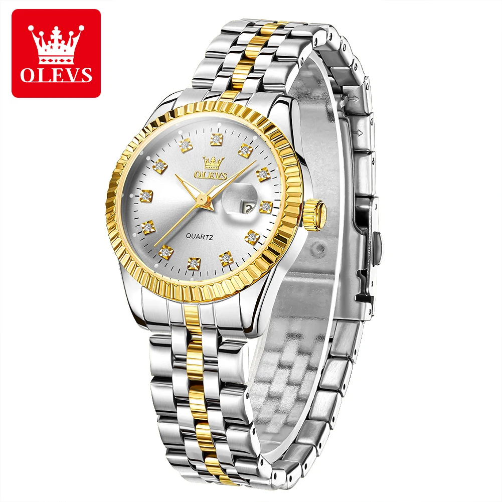 OLEVS Top Brand Luxury Quartz Watch For Women Diamond Waterproof Ladies Hand Clock Stainless Steel Calendar Dress Wrist Watches