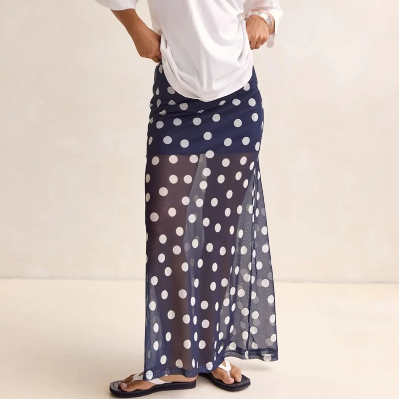 

Maemukilabe Women Polka Dots Skirts Elegant Fashion High Rise Elastic Waist Semi See Through Flowy Long Skirt Y2K Streetwear