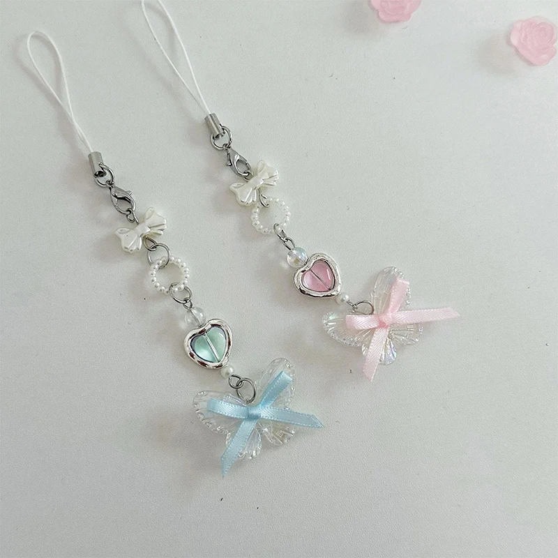 1pcs Korean Transparent Butterfly Phone Lanyard Girls Y2K Bow Heart Phone Chain For Girls Cute Sweet Mobile Phone Charm image 3