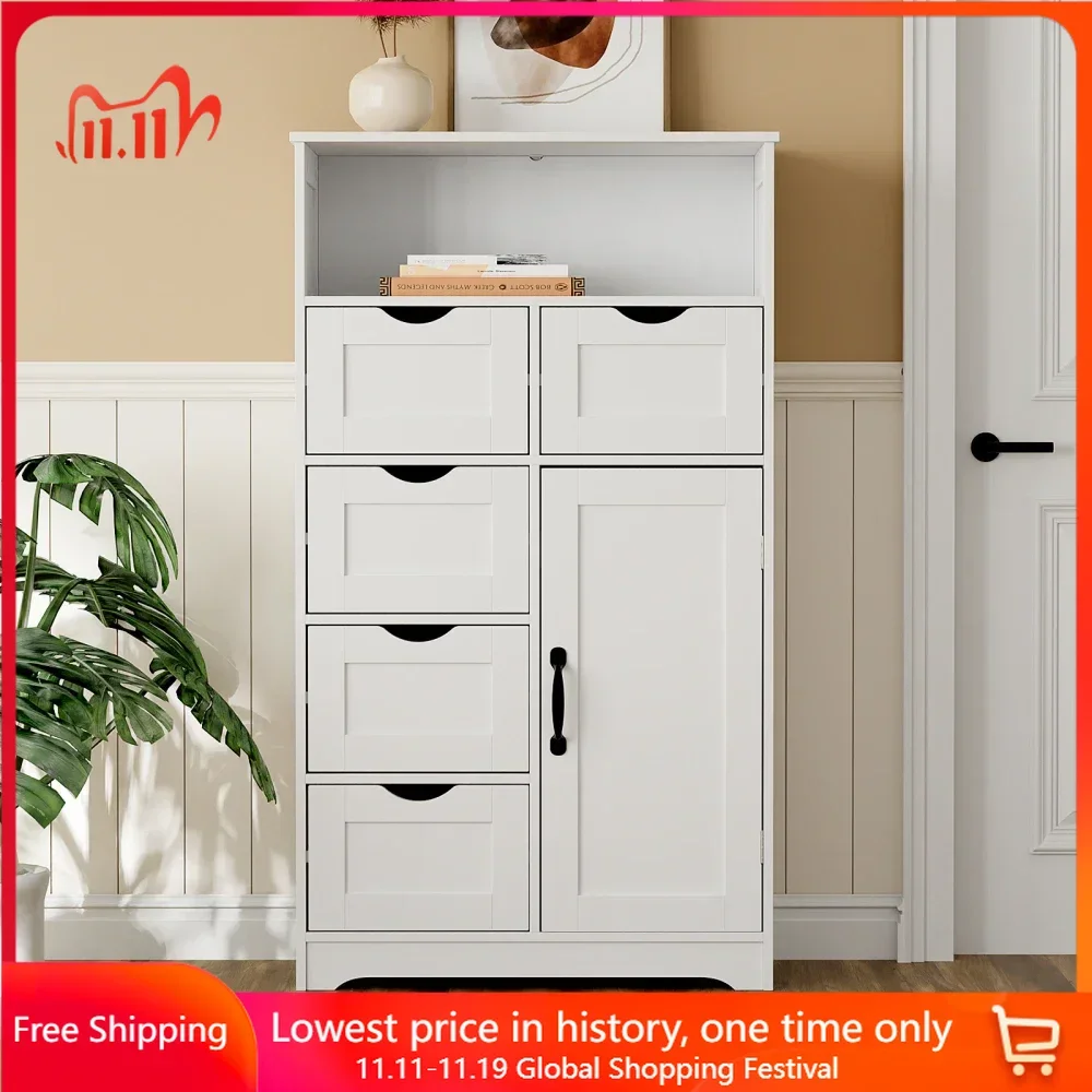 

Storage Cabinet with Five Drawers and One Doors,Free-standing Cupboard for Kitchen/Living Room/Bathroom Use, Wooden Funiture