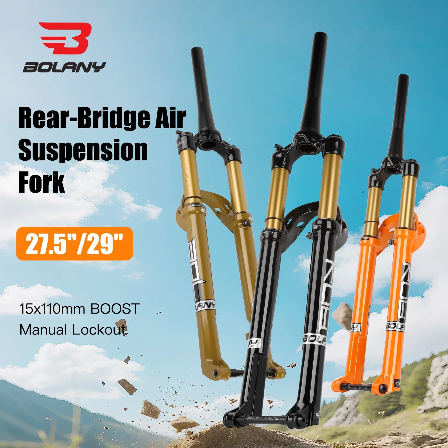 BOLANY BOOST MTB Air Fork 26/27.5/29 Inch Tapered Suspension Fork 32mm Tube 15x110mm Thru Axle MTB Fork Disc Brake Bicycle
