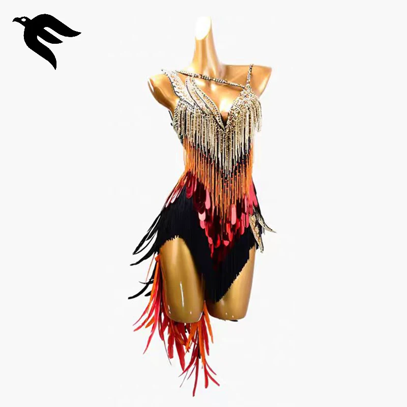 

Latin Dance Clothes Sports Party Dress Practice Wear Stage Imitation Diamond Feather Skirt Competition Costume For Prom Suit