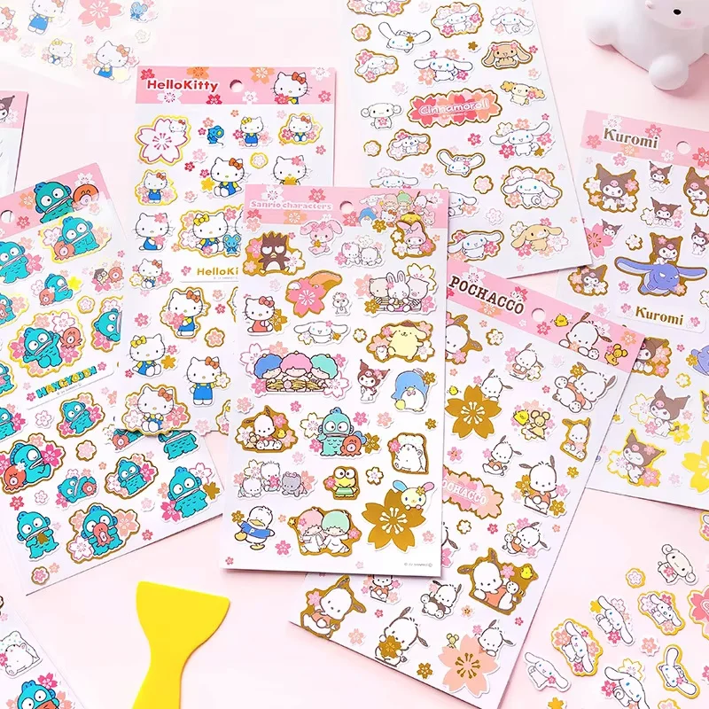 1/8pcs Cute Sanrio Cherry Blossom Sticker Gold Embossing Decorative My Melody Kuromi Hello Kitty DIY Girl Sticker Gift