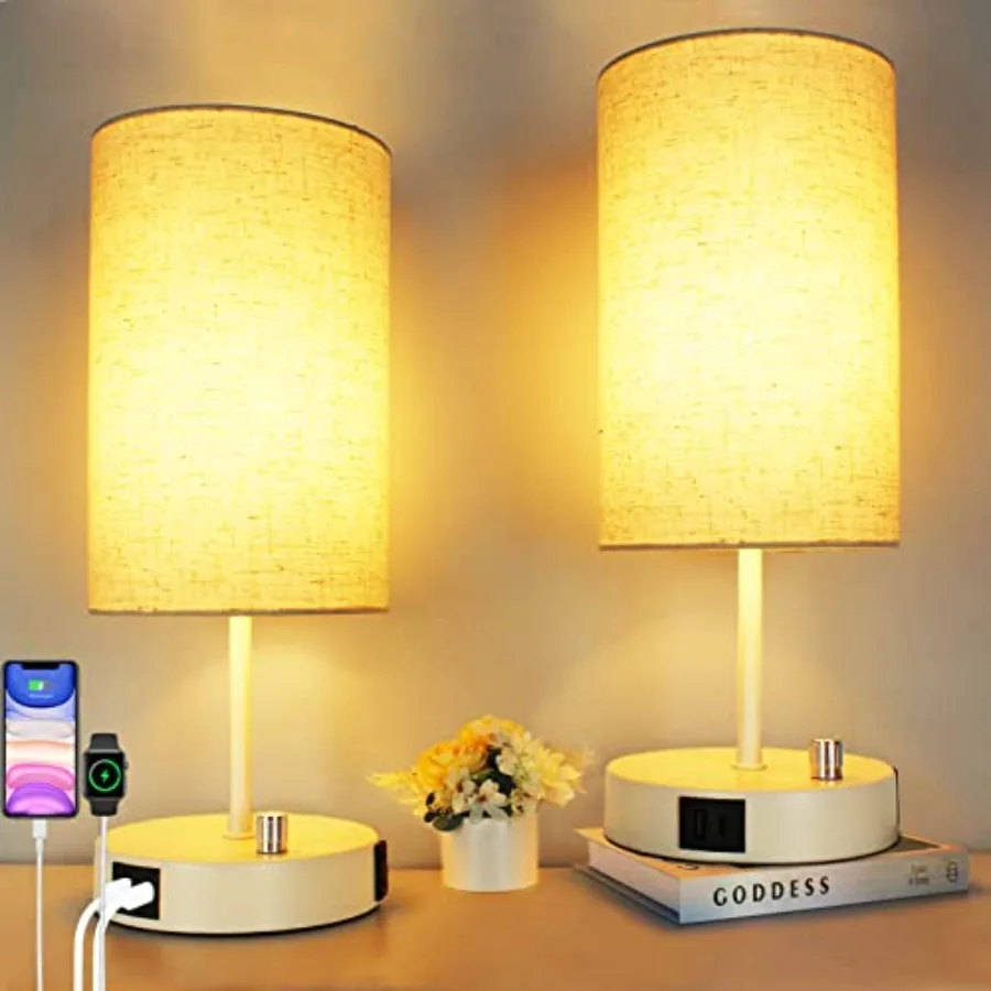 

2-Pack 17.75" Dimmable Bedside Table Lamps with 2 USB Charging Ports and AC Outlet, Modern White Nightstand Lights with Round F