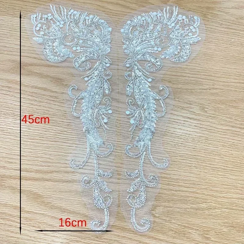 1Pair/45*16CM White Flower Rhinestone Tube Beaded Sequin Embroidery Sewing Patch,Lace Bodice Applique Sew On Patches For Dress