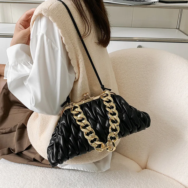 Pleated Lingge Fashion Shell Bag Women\'s Versatile Chain Handbag Casual One Shoulder Crossbody Chain Accessories Women\'s Bag