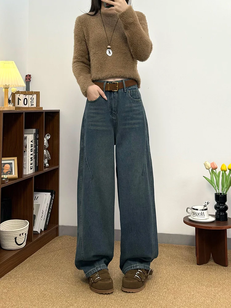 

Женские джинсовые брюки Thiened Fce, зимние модные длинные брюки с широкими штанинами и высокой талией в стиле ретро, повседневная одежда