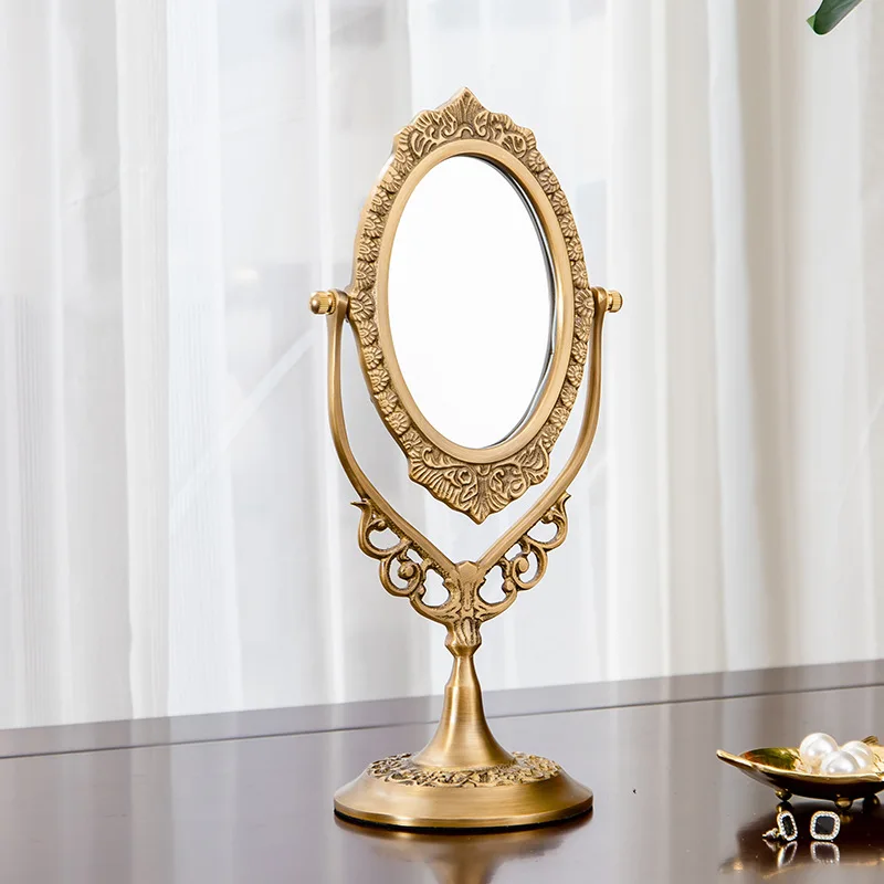 

Vintage Home Decor Makeup Mirror Light Luxury Brass Study Hotel Bedroom Desktop High-end Vanity Mirror Full Copper
