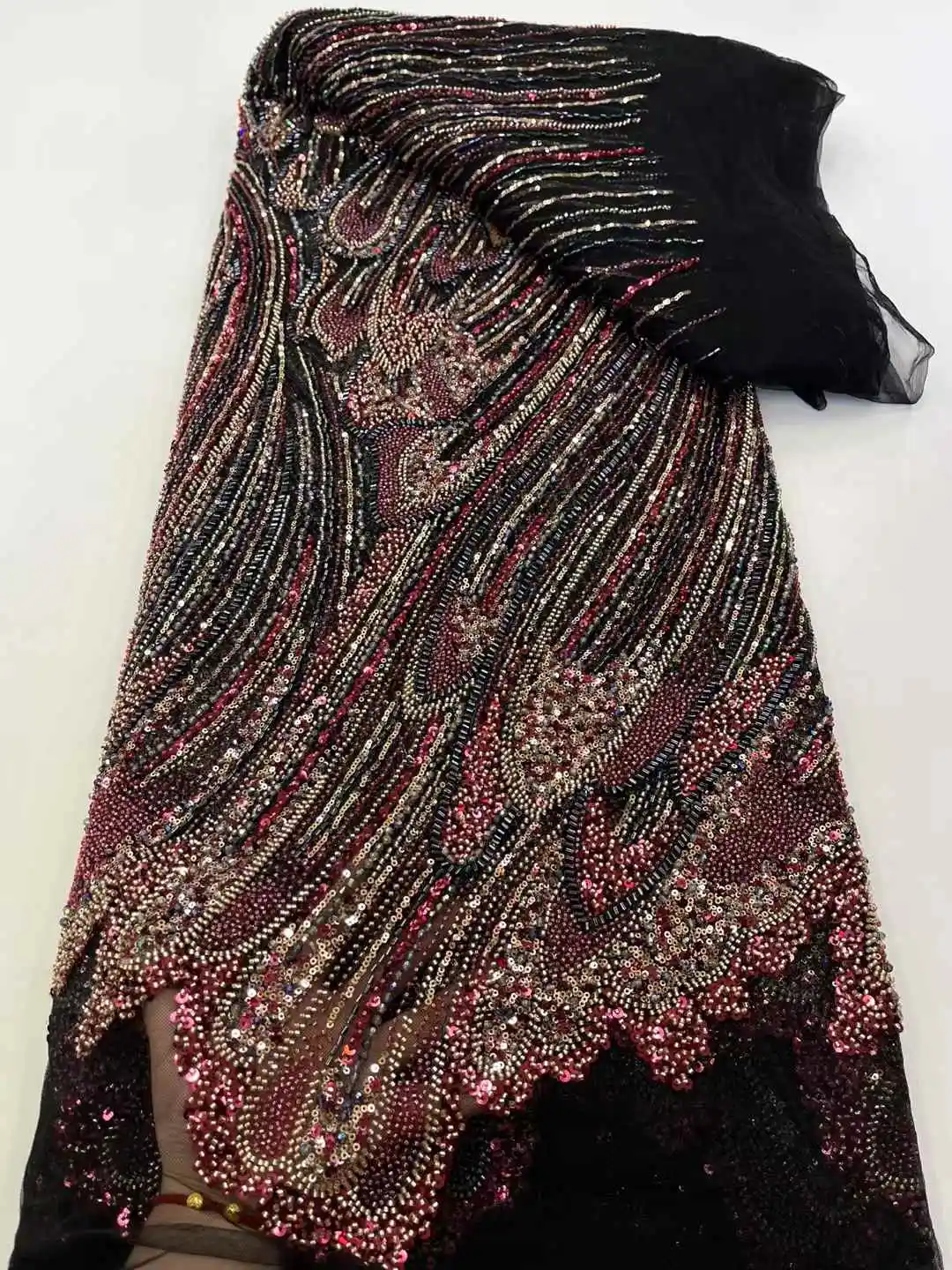 

High Quality African Handmade Beaded Lace Fabirc 2025 Sewing sequins Embroidery Nigreian Lace Fabric Women Wedding Dress Sequins