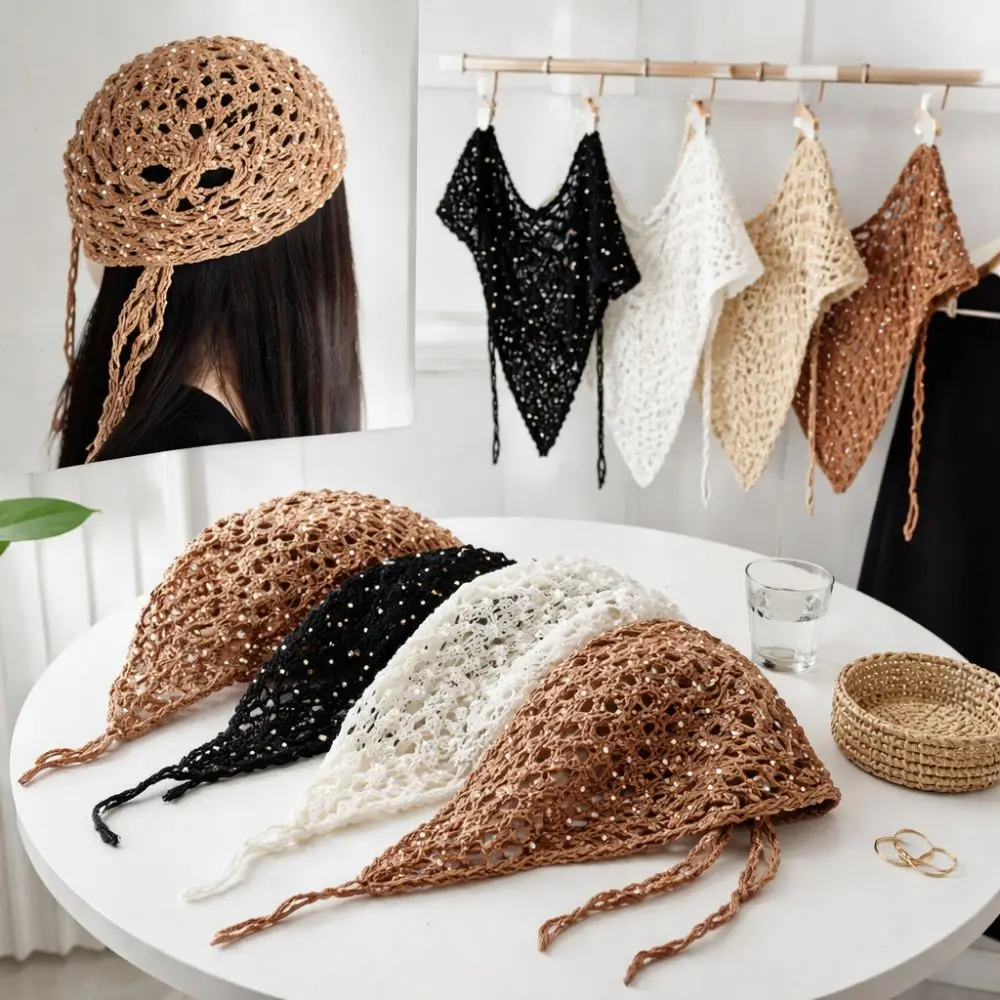 

Casual Sequined Headscarf Headband Ins Style Versatile Knitted Triangle Scarf Hollow Y2K Beanies Headband Summer Travel