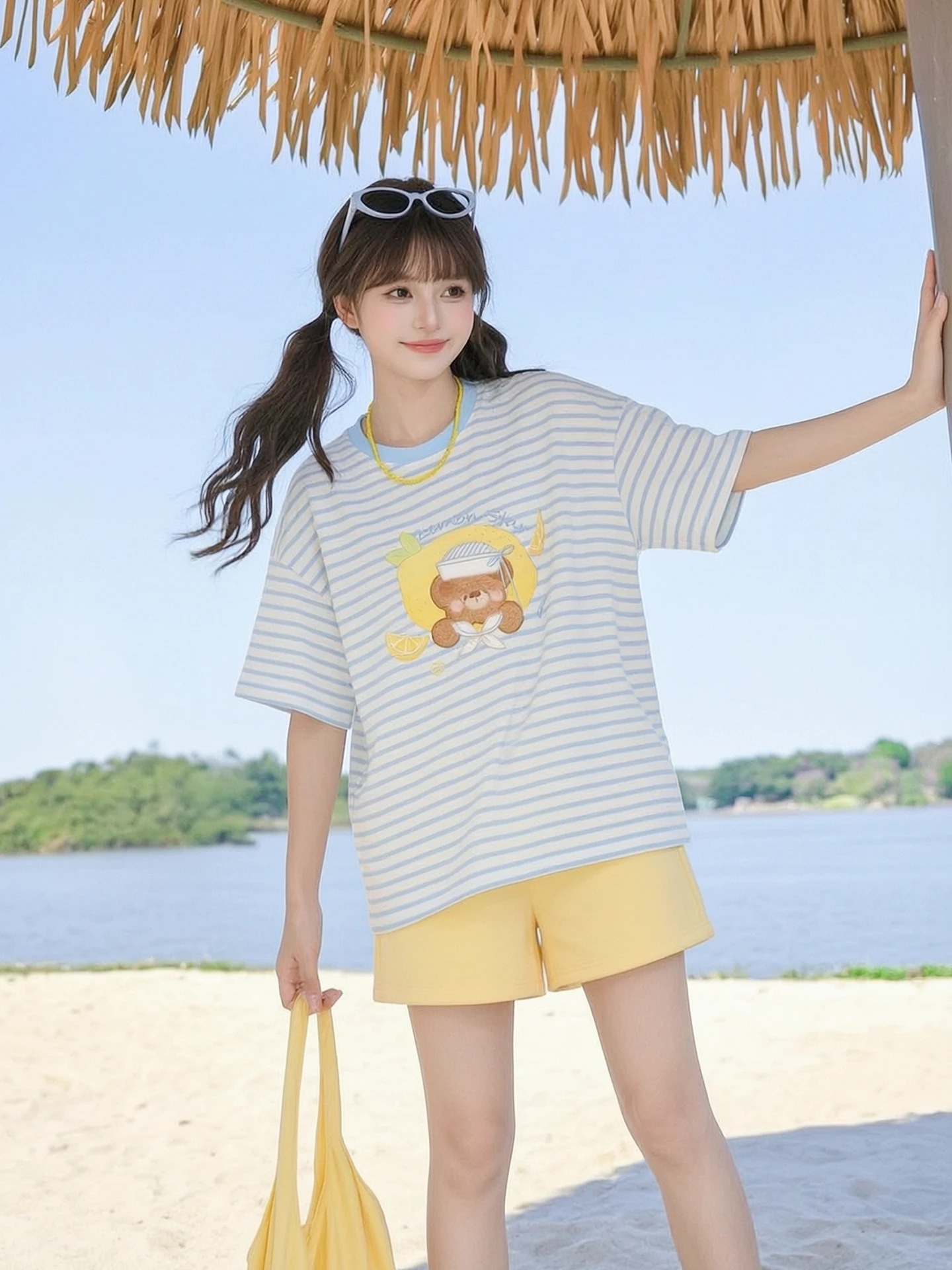 Summer Stripe T-Shirt Women's Cute Bear Print Loose Top Short Sleeve Sweet Style Universal Fit Casual Sweet Cartoon Pattern