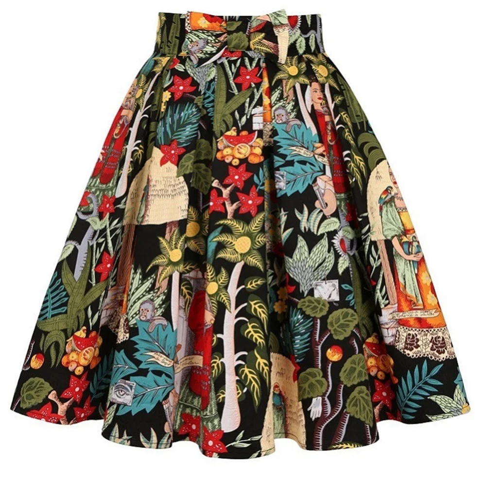 Women Vintage Frida Kahlo Print Skirt High Waist A-Line Midi Skirts Bohemian Tropical Floral Pattern Casual Party Skirt for Lady