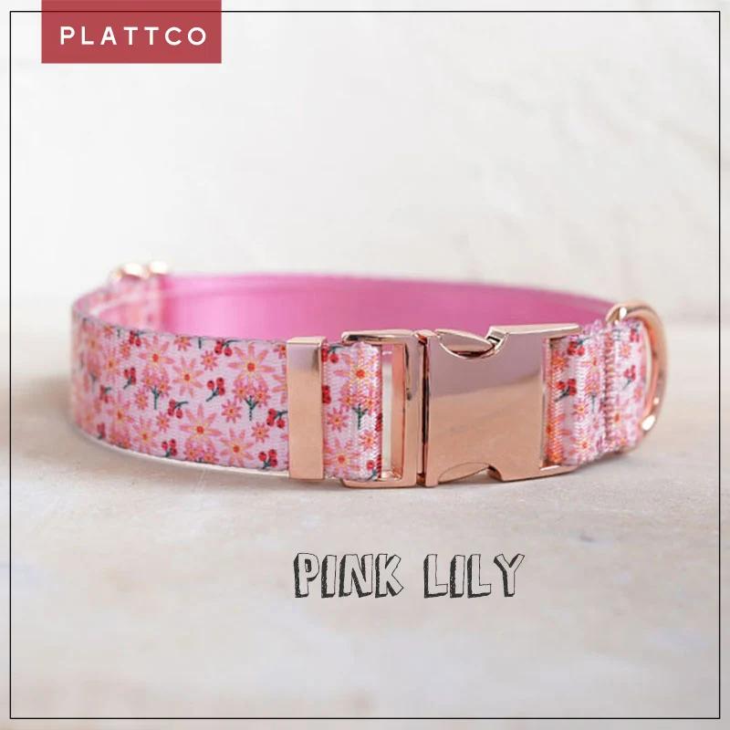 PLATTCO unique design dog collar print PINK LILY pattern with high-quality rose gold buckle 5 size PDC301RG