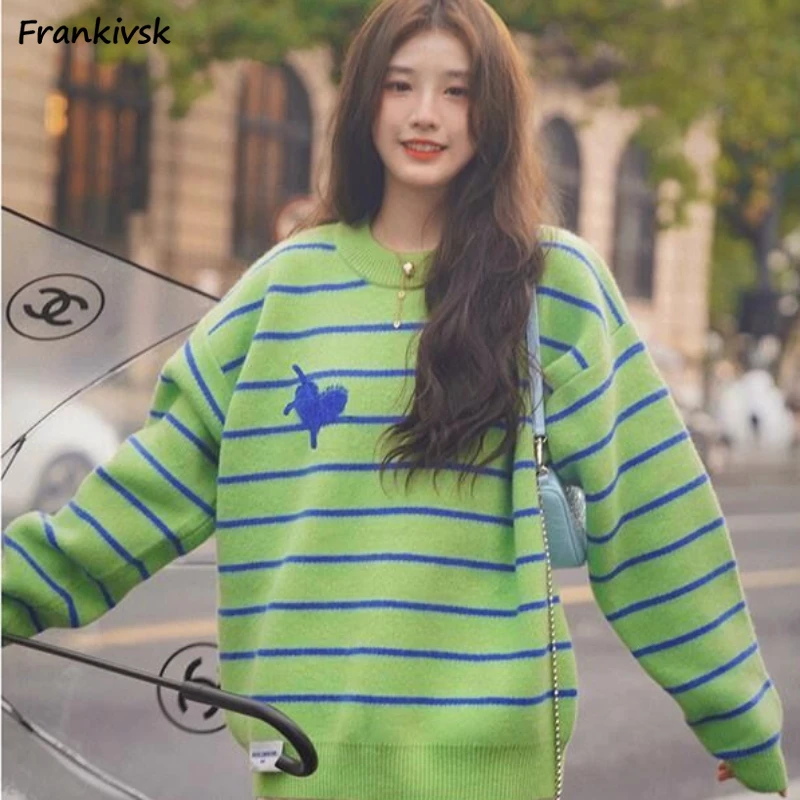 

Striped Sweaters Women Vintage Japanese Style Love Design Slouchy Baggy O-neck All-match Fashion Streetwear Knitting Autumn Chic