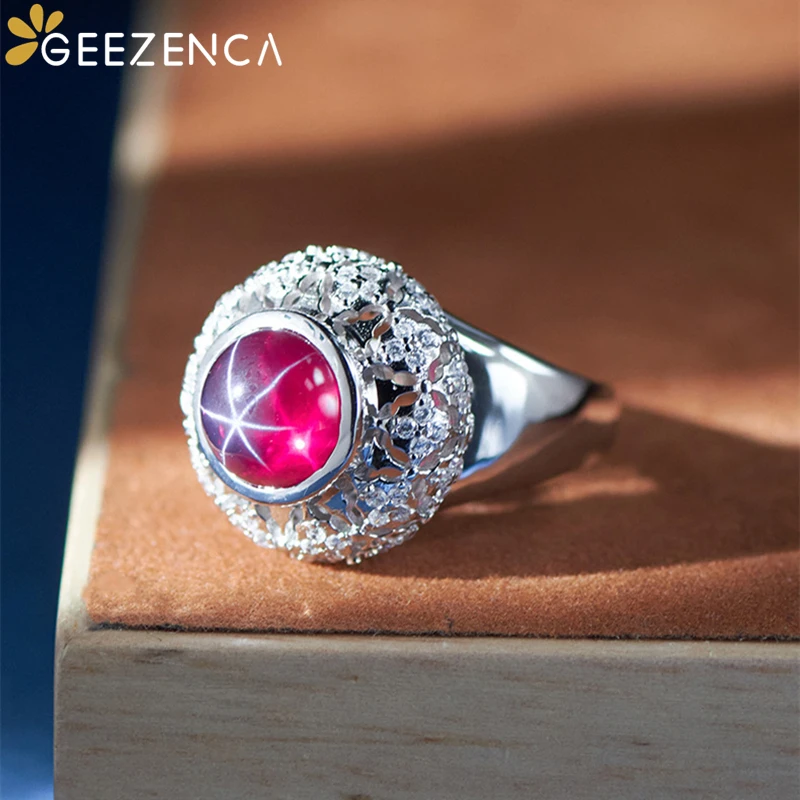 GEEZENCA 925 Sterling Silver Red Corundum Open Ring For Women 5A Zircons Pave Setting Big Round Wide Rings 2023 New Luxury Gift