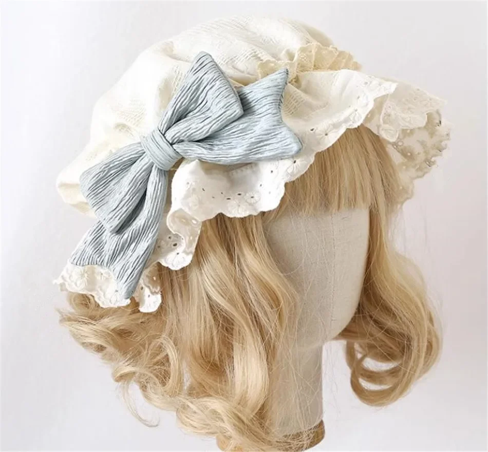 Muñeca japonesa con sentido bonito y dulce retro para niña/señora, tocado hecho a mano, estilo muñeca antigua, lazo de Lolita, visera beige con volantes/gorra de dormir