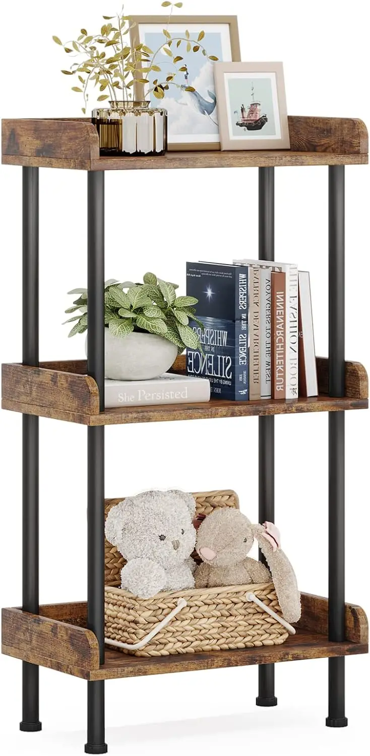 

3-Tier Wood Bookcase Industrial Metal Standing Shelf for Living Room Bedroom Home Office Rustic Brown