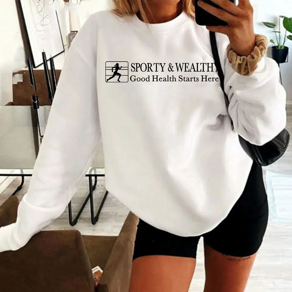 American Vintage Sprot Make You Wellness Letters Printing 90s Crewneck Sweatshirt Women Long Sleeve Cotton Thick Fleece Pullover