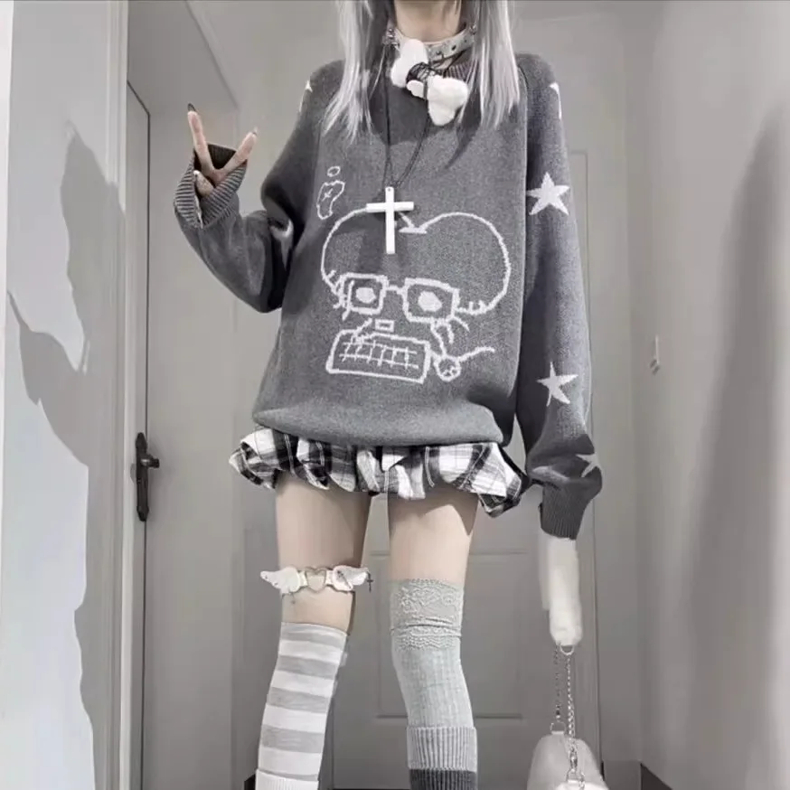 

Y2K Star Cute Mouse round Ne Knitted Sweater Women's Autumn Winter Lazy Subculture Sle Faionable Hole Design Long Sv...