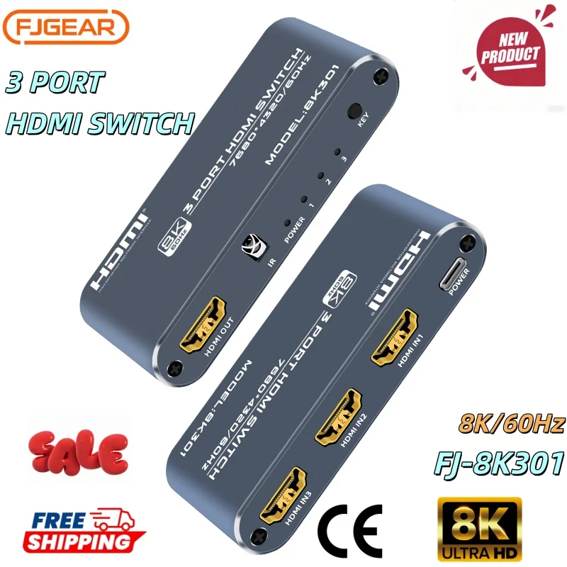 

FJGEAR HDMI 2.1 2.0 8K Switch 3 в 1 с пультом дистанционного управления, 8K@60Hz, 4K@120Hz, конвертер-сплиттер для Xbox, PS5, мониторов