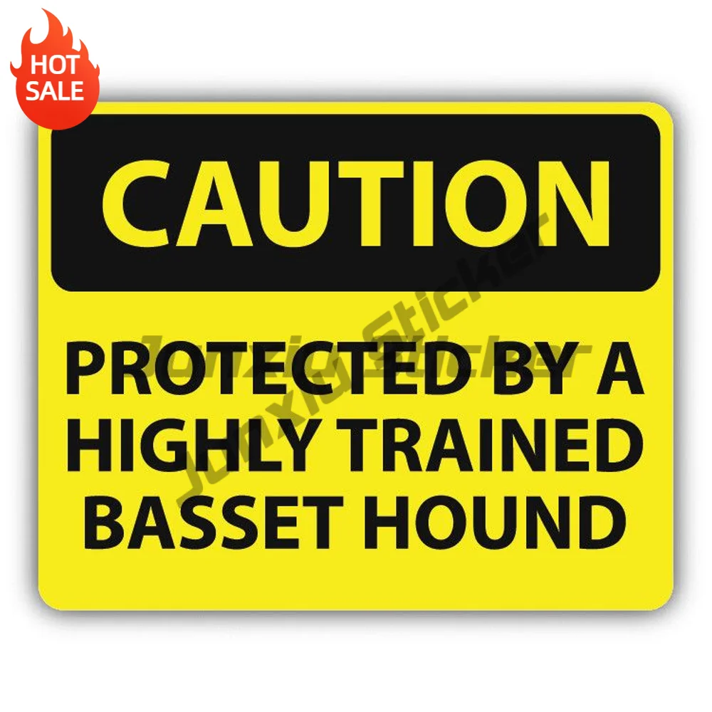 Caution Protected By Trained Basset Hound PVC Sticker Self Adhesive Decal For SUV Window And Toolbox Exterior Decoration