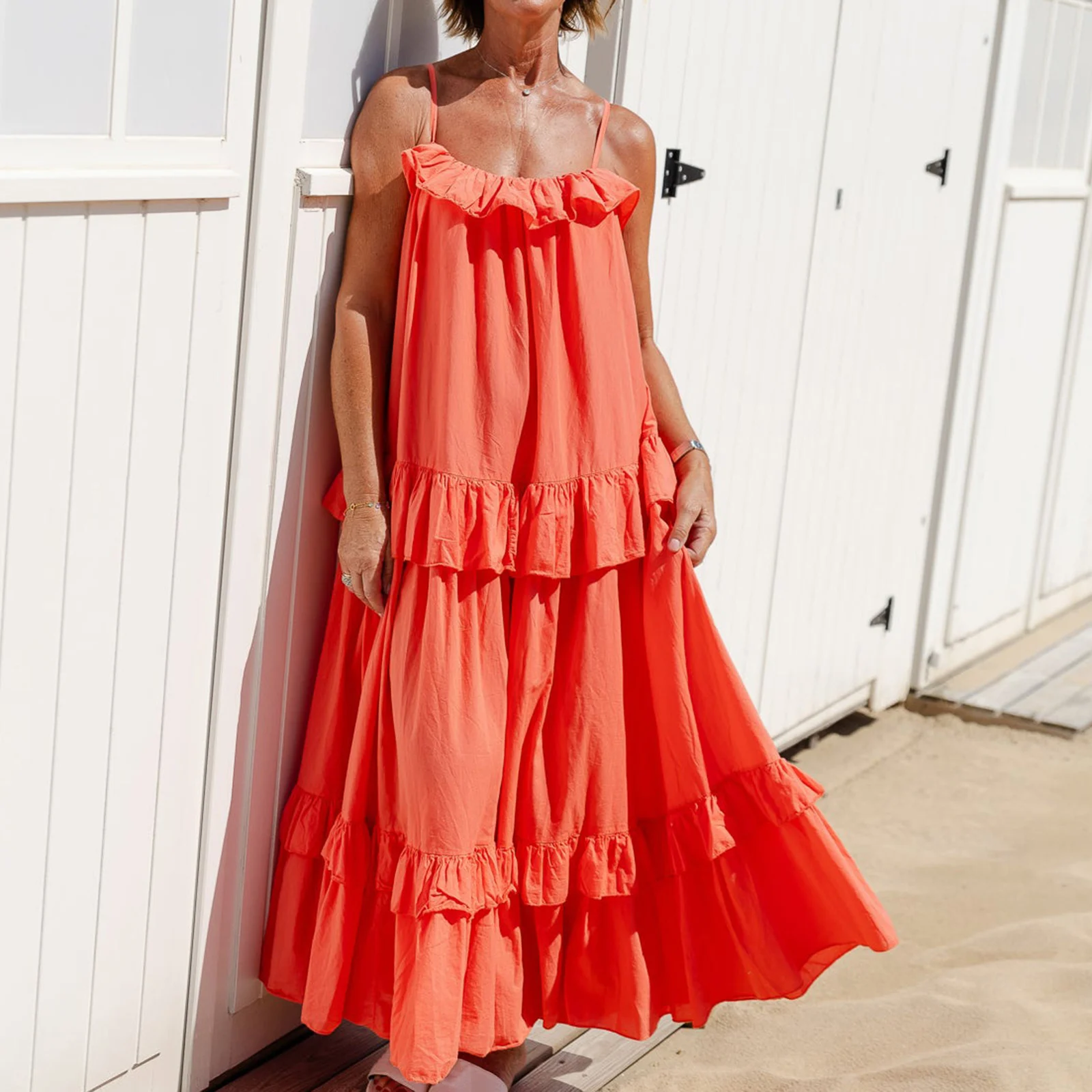 Women's Long Cami Dress Casual Loose Scoop Neck Back Tie-Up Swing Tiered Ruffled Spaghetti Strap Dress