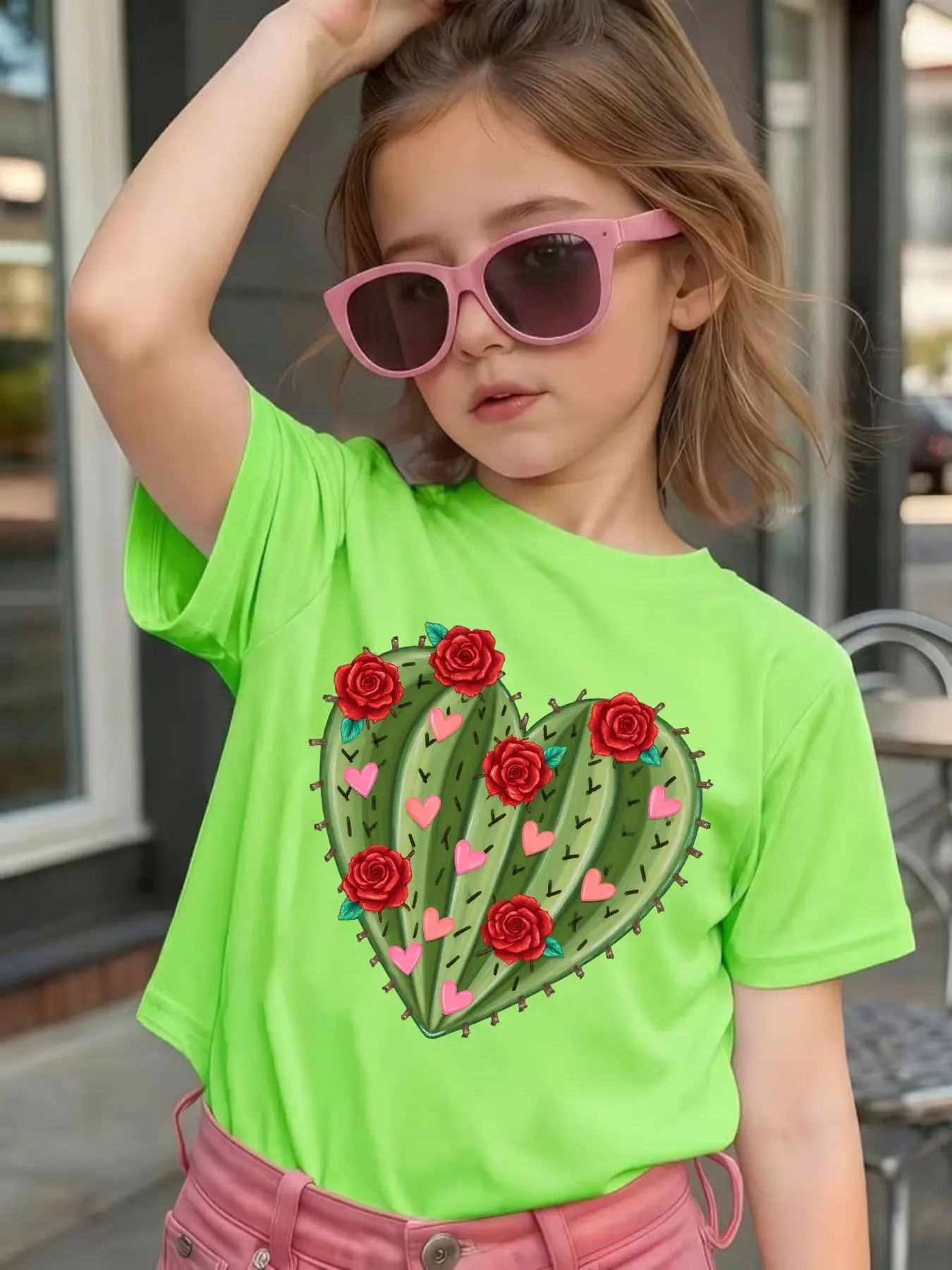 Cute Heart Cactus Red Rose Love Heart Graphic Kids Tee Boys Girls Family Matching Cotton Crew Neck Short Sleeve Soft Summer Tee