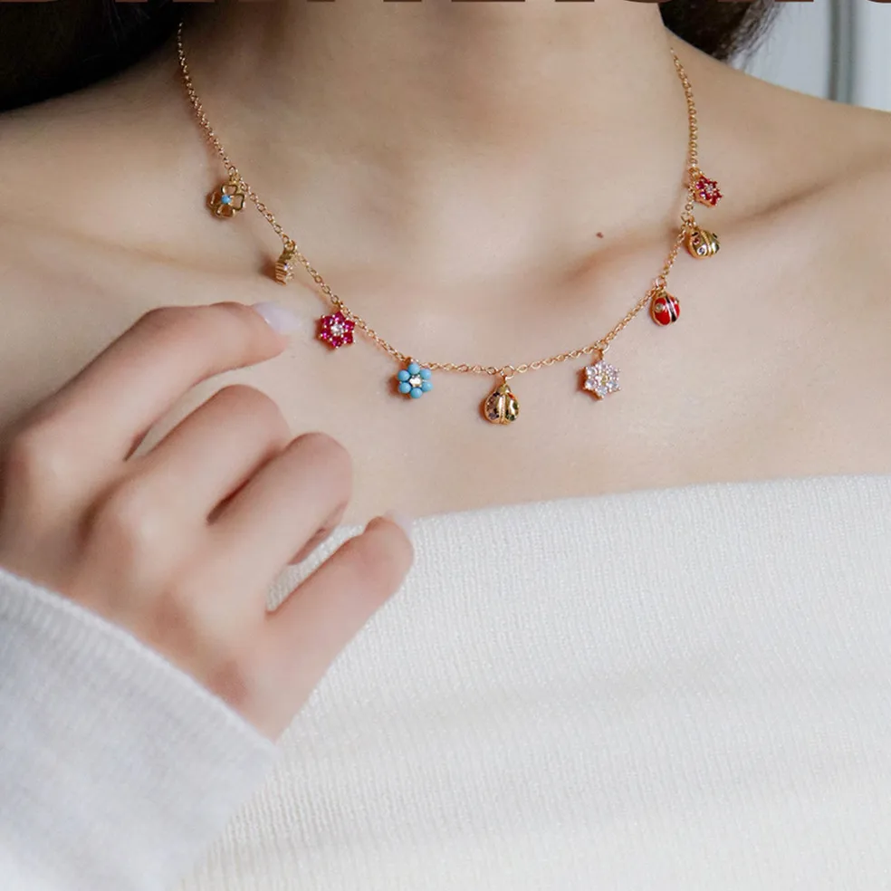 

Fashion Women Chains Choker Necklace with Crystal Flower Enamel Ladybird Charms Pendant Gold Color Girl Daily Party Jewelry