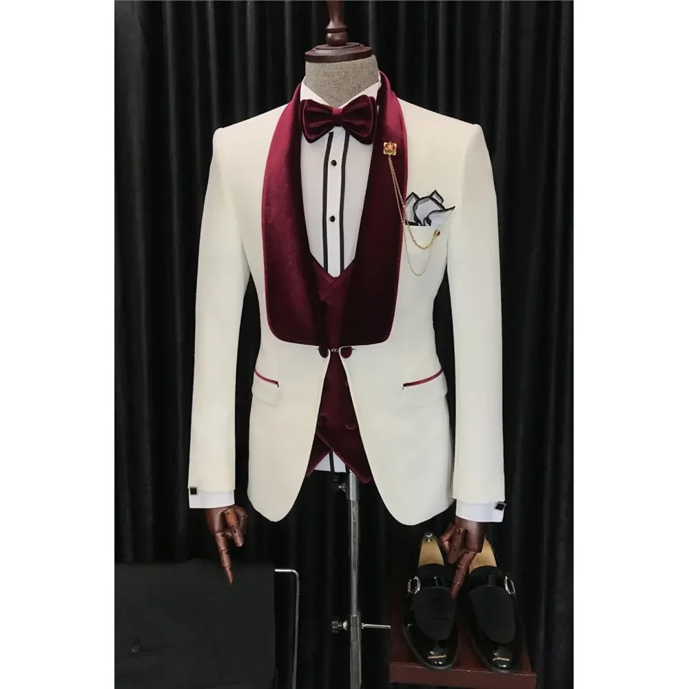 Elegant Velvet Shawl Lapel Men Suits 3 Piece Formal Banquet Prom Dinner Outfits Wedding Party Tuxedo Slim (Blazer+Vest+Pants)