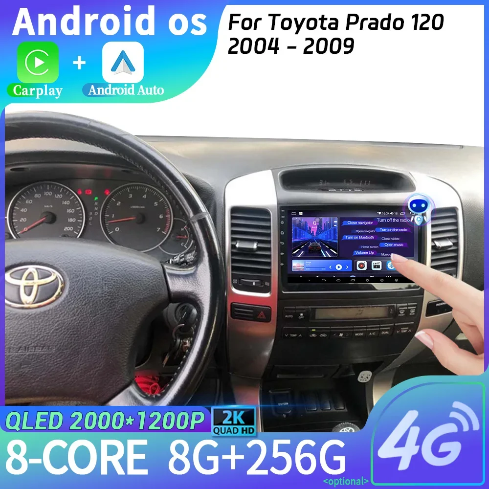 For Toyota Prado 120 2004-2009 Android 14 Car Radio Multimedia Navigation Wireless Carplay Stereo Head Unit 2DIN Screen WIFI