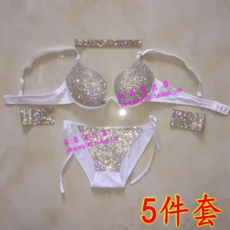 

Customized Bikini Water Sparkling Bright Diamond Stage Bra Set Underwear Pole Dance Performance Dress Bellydance Bras Customes