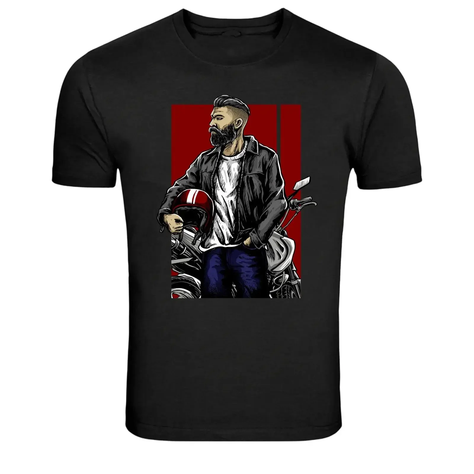 T-Shirt mit bärtigem Biker-Mann und Motorradhelm, Vintage-Stil, gewaschen, weich, lässig, für den Alltag, Designerkleidung