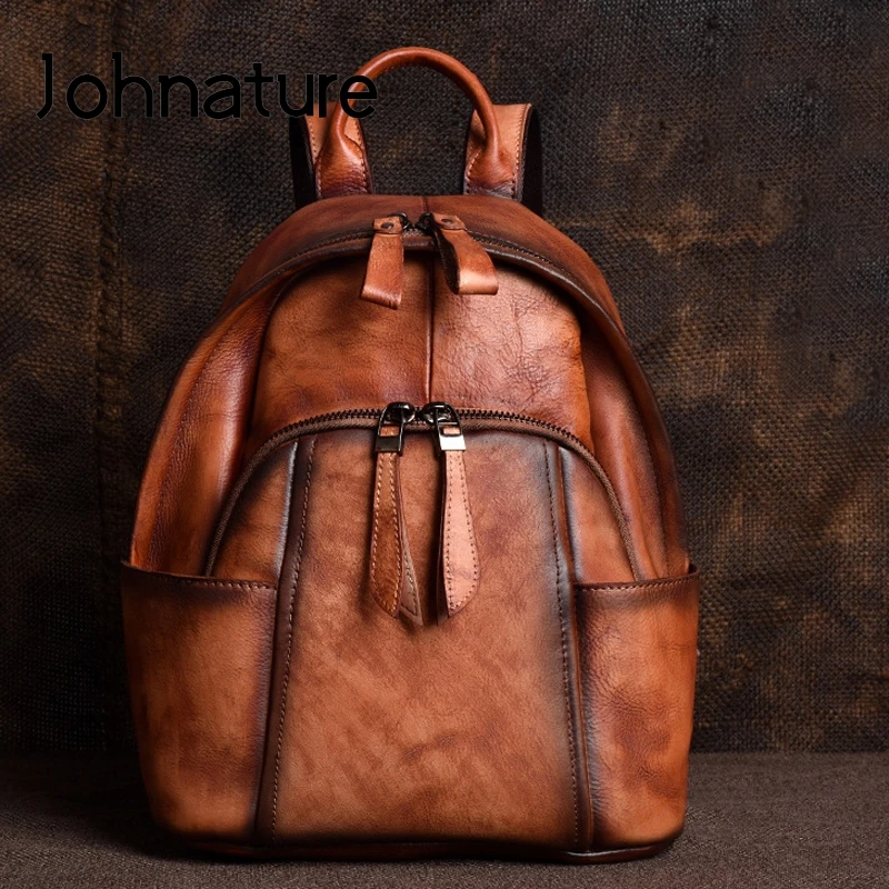 Johnature 2024 New Handmade Genuine Leather Backpack Retro Women Bag Leisure Real Cowhide Large Capacity Travel Backpacks