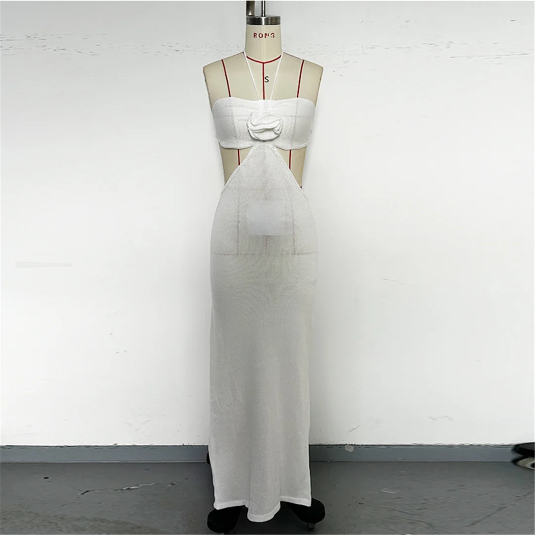 3D-Blumen-Halterneck-Strickkleid mit offenem Rücken, Strandkleid, Strandmode, Strandüberwurf, Damen V6852 – Detail 13