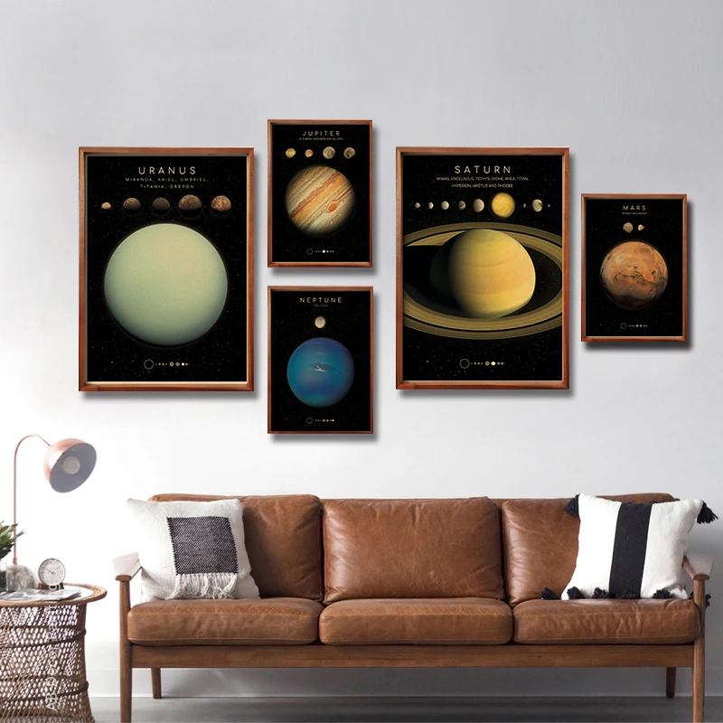 Planeten en universum Retro Space Mars Venus Moon Posters Astronomie Prints Poster Vintage Home Room Cafe Decor Art Wall Painting