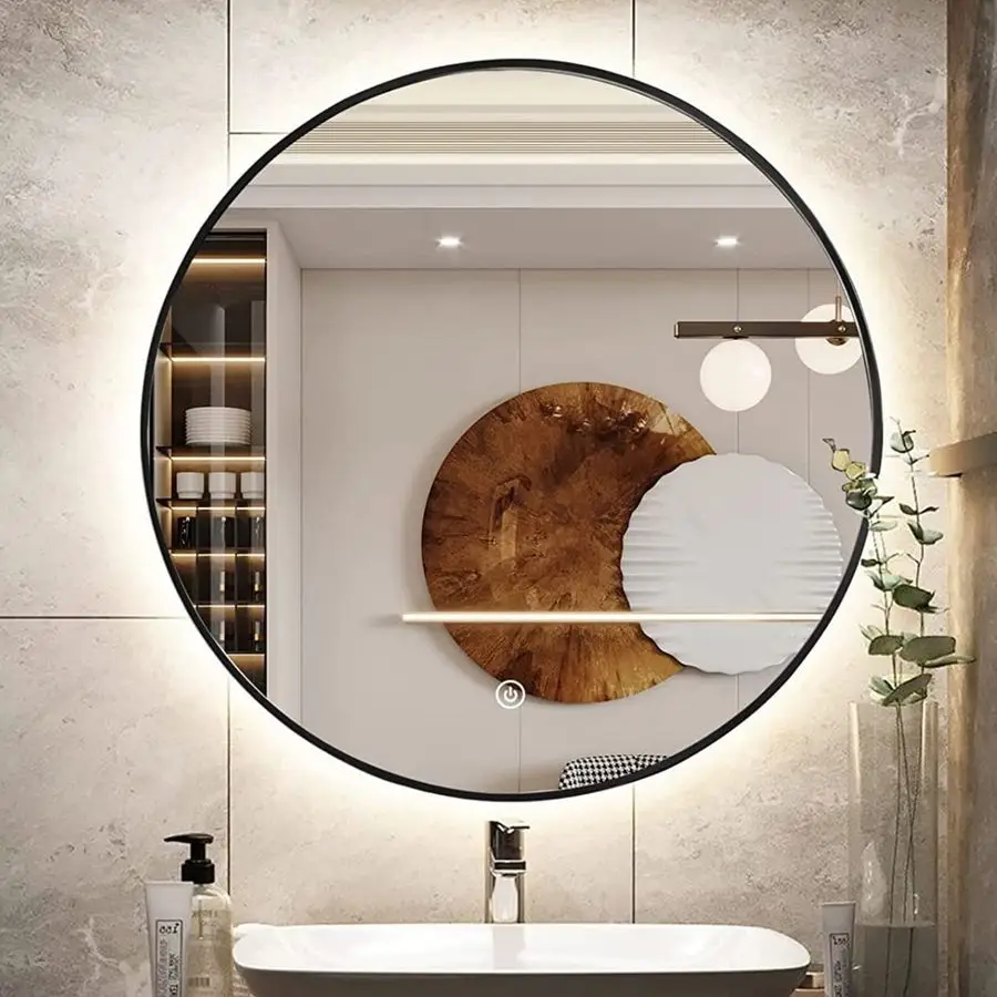 

LED Backlit Bathroom Vanity Mirror, Wall Mounted Round Makeup Shaving Mirror with 45 Beveled Metal Frame Design, HD Waterproofam