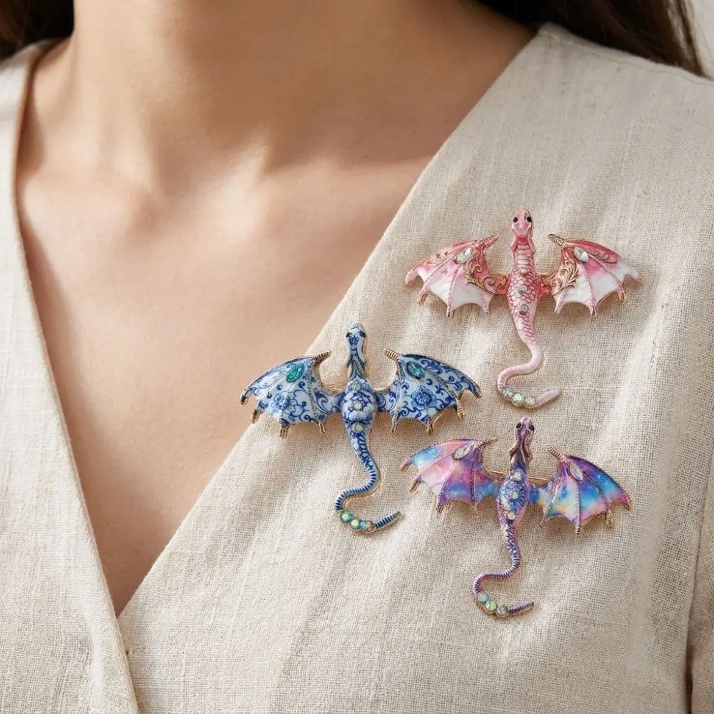 Zinc Alloy Enamel Flying Dragon Brooch Colorful Rhinestone Fantasy Dragon Animal Dragon Brooch Chinese Blue Porcelain Gothic