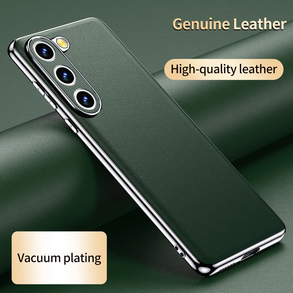 Genuine Cowhide Leather Phone Case for Samsung Galaxy S24 S23 Ultra S22 Plus S21 FE Note 20 Plating Shockproof Protector Cover