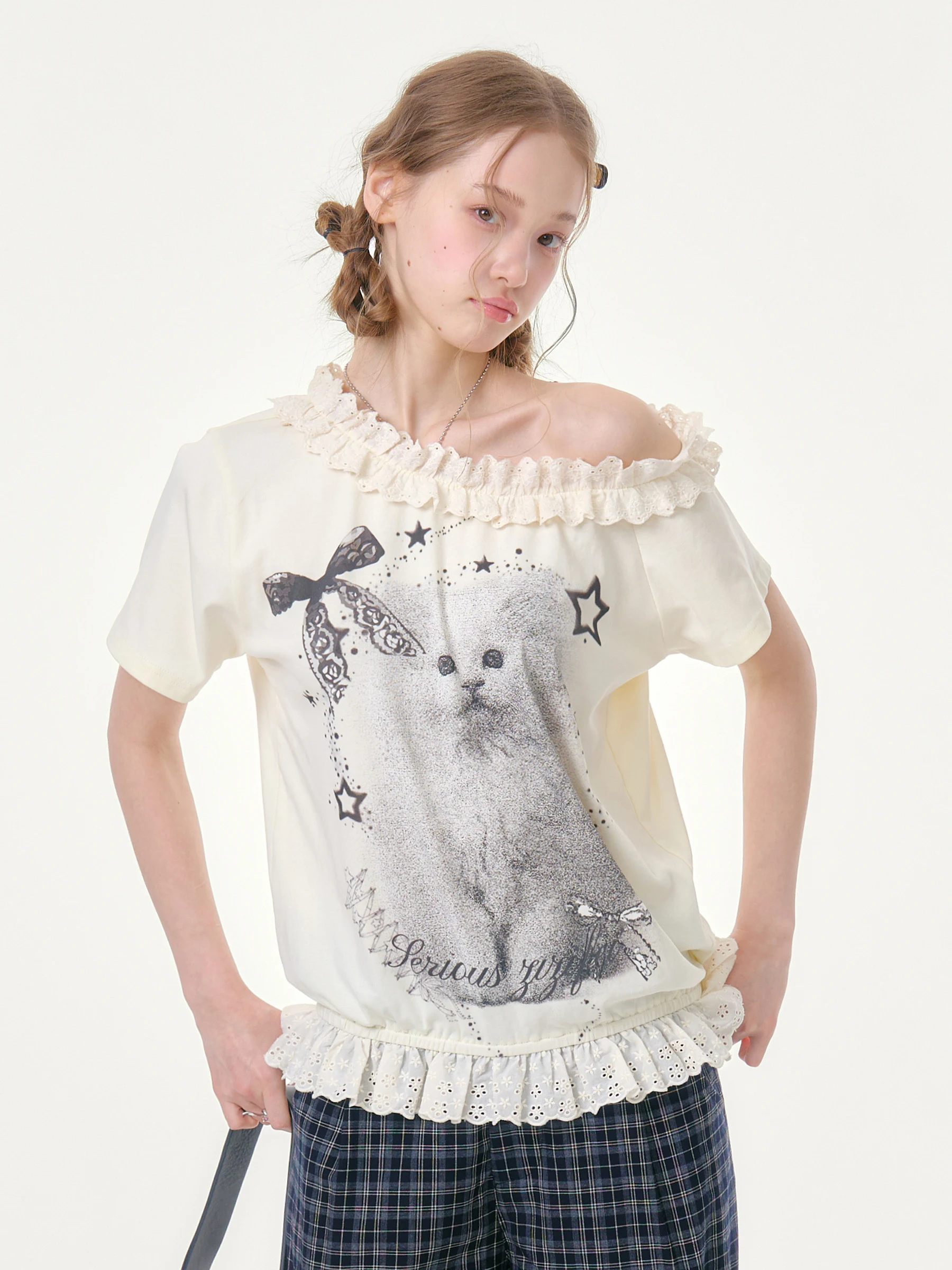 

ZiziFei Star Dust Design Short Sleeve T-Shirt Women's Loose Fit Cotton American Style Printed Lace Hemline Mice White